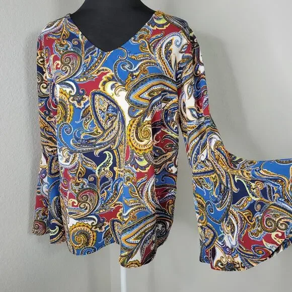 Valerie Stevens Bell Sleeve Paisley Top Medium - Picture 2 of 9